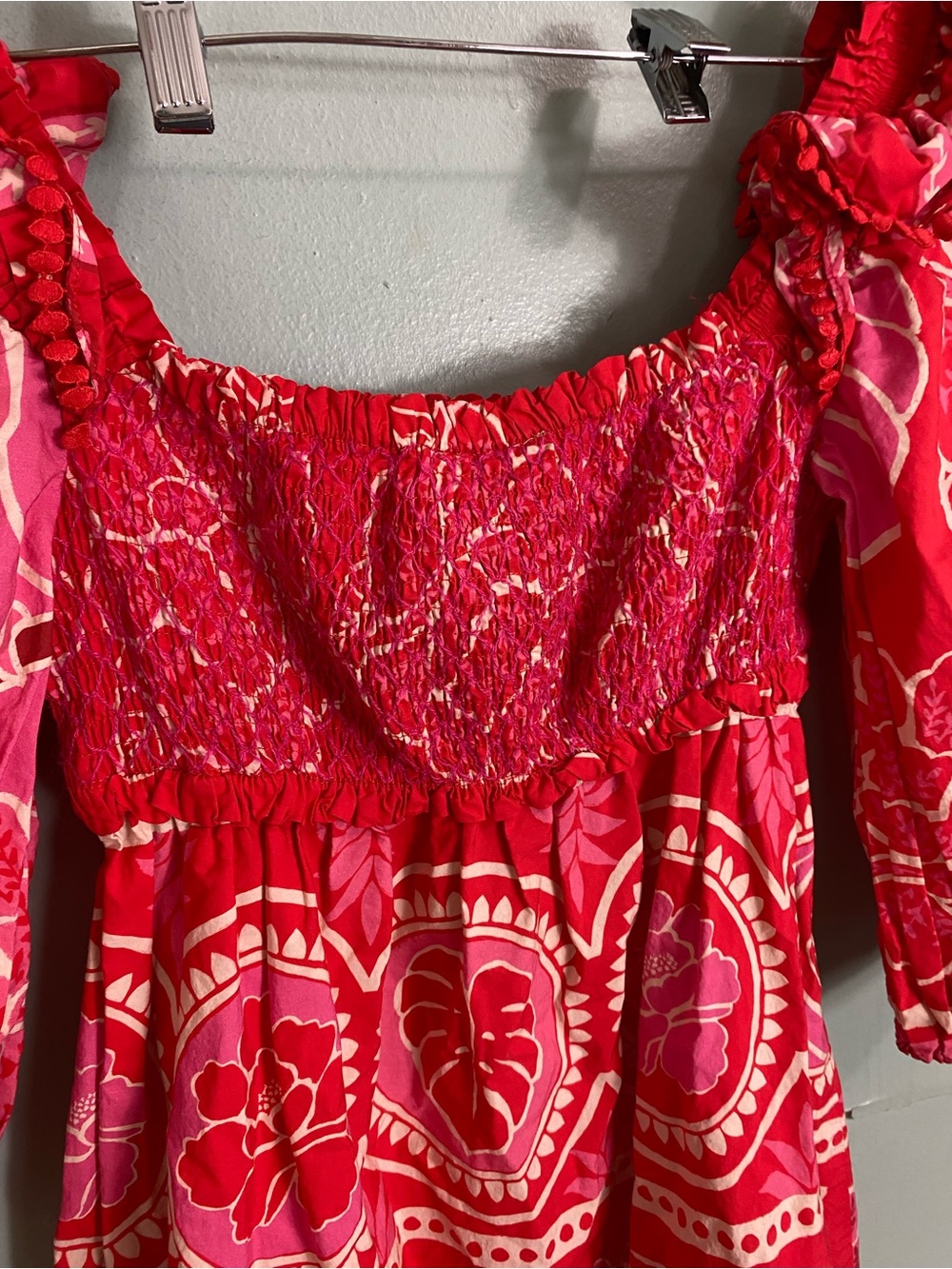 Farm Rio Summer Sunrise Mini Dress Red Pink Smocked Floral Small - Picture 8 of 11